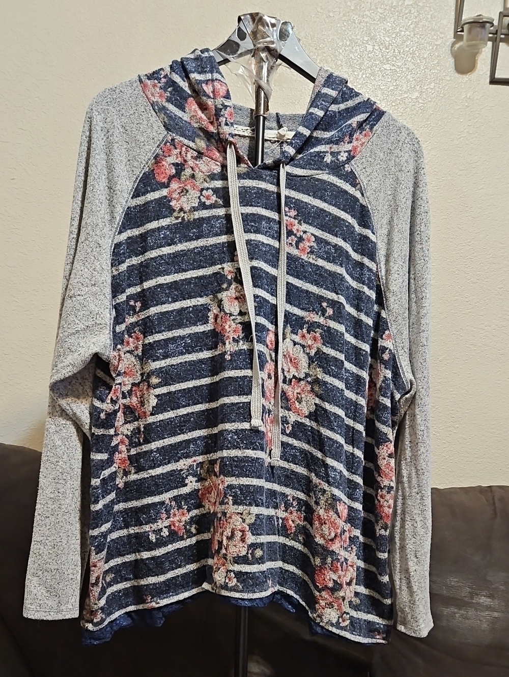 Maurices Navy Striped Floral Hooded Pullover with Gray Sleeves